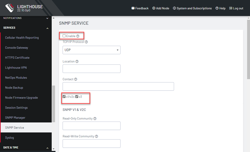 IMage of the Lighthouse UI showing how to view or edit the SNMP service